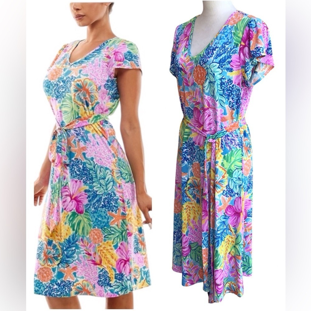Nina Leonard Colorful Floral Fit And Flare Tie Waist Dress Size Large